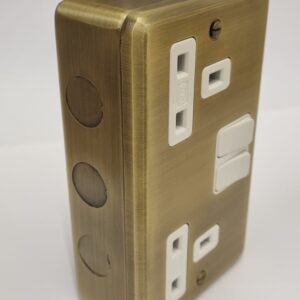 2-gang surface socket finished in antique brass for surface-mounted electrical conduit.